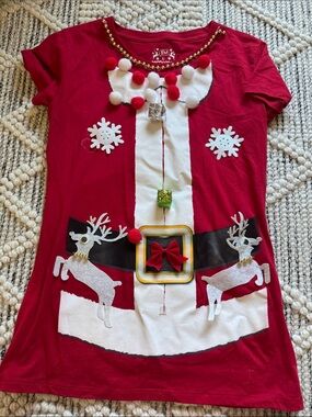 JEM Red and White Christmas Santa Tee with Reindeer Embellishments